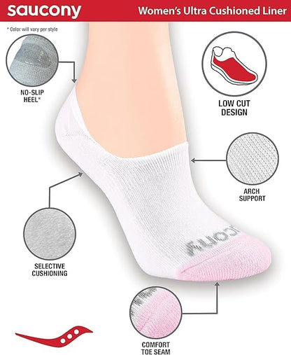Saucony Saucony Women's 8-pair No Show Cushioned Invisible Liner Sock, Mujer