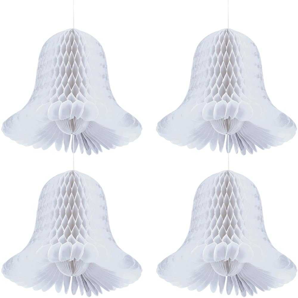 amscan Campanas Elegantes de Papel de Novia Blanco de Panal – 5 Pulgadas (Paquete de 4) – Decoraciones de Boda de Primera Calidad para recepción y Ceremonia