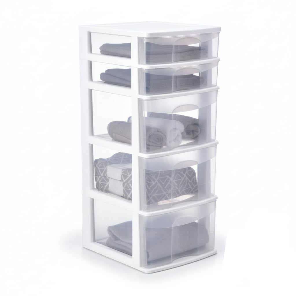 Italhome Cajonera FOX 5 de Plástico 5 Cajones Transparentes, Organizador Multiusos para Hogar y Oficina, Mueble Resistente Fácil Armado, Color Blanco