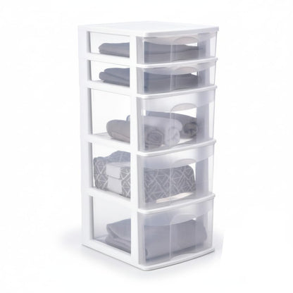 Italhome Cajonera FOX 5 de Plástico 5 Cajones Transparentes, Organizador Multiusos para Hogar y Oficina, Mueble Resistente Fácil Armado, Color Blanco