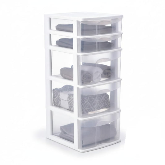 Italhome Cajonera FOX 5 de Plástico 5 Cajones Transparentes, Organizador Multiusos para Hogar y Oficina, Mueble Resistente Fácil Armado, Color Blanco