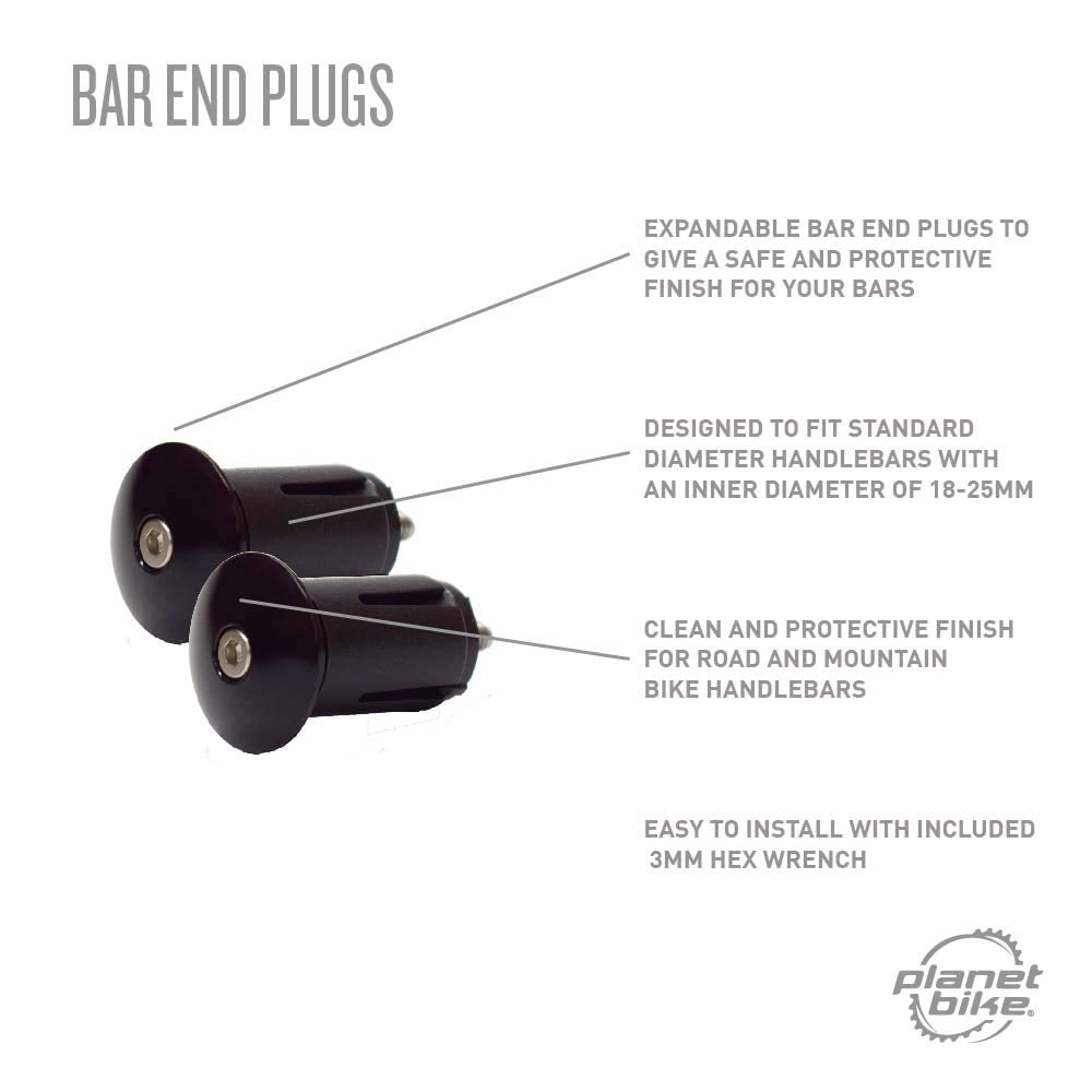 Planet Bike Tapones de Extremo de Manillar para Manillar de Bicicleta y Cinta de Manillar, ampliables de 3 mm, con Cierre Hexagonal en su Lugar en manubrios de 18 a 25 mm, Color Negro