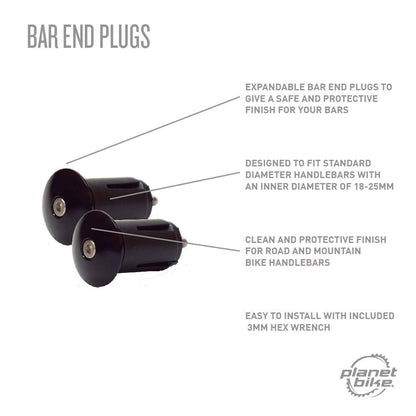 Planet Bike Tapones de Extremo de Manillar para Manillar de Bicicleta y Cinta de Manillar, ampliables de 3 mm, con Cierre Hexagonal en su Lugar en manubrios de 18 a 25 mm, Color Negro