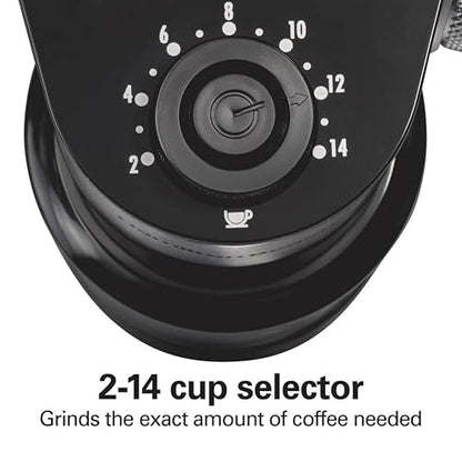 Hamilton Beach Molinillo de café eléctrico con tolva grande de 16 onzas y 18 ajustes para 2-14 tazas, acero inoxidable (80385)