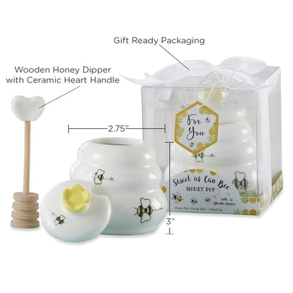 Kate Aspen Sweet as Can Bee - Mini olla de cerámica con salsa de miel de madera (3.4 onzas) tarro de miel, decoración de abejas, blanco/amarillo (23261WT)