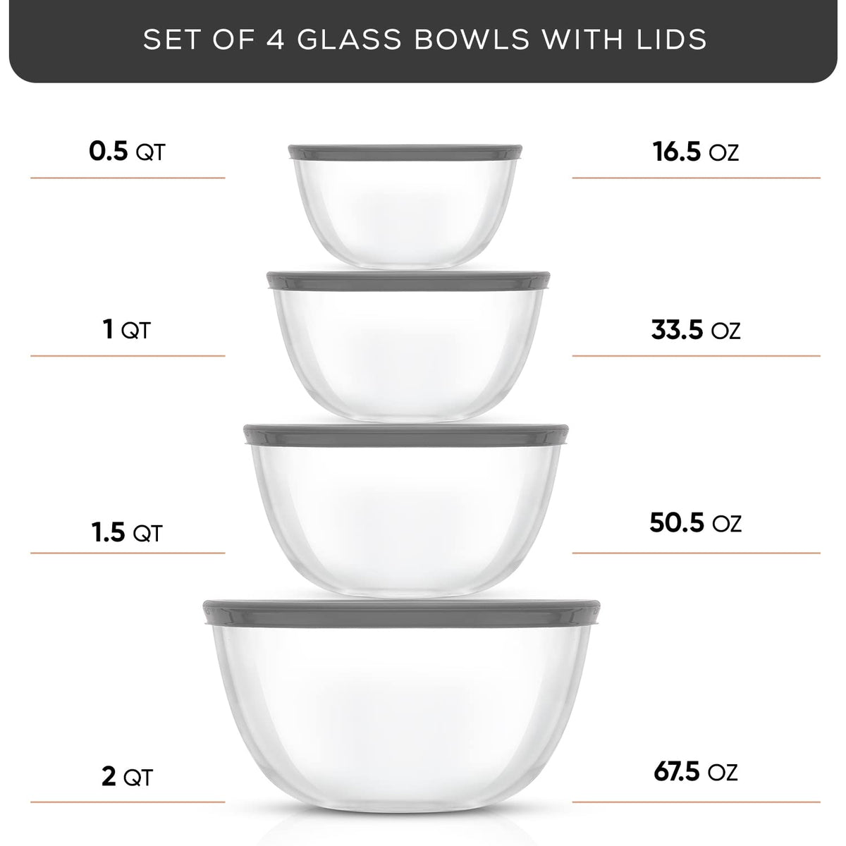 JoyJolt - Cuencos para mezclar de cocina, 8 piezas de vidrio con tapas, juego de 8 piezas de vidrio con tapa – rodar limpio y almacenamiento de cocina grande sin BPA gris