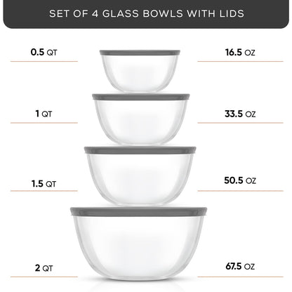 JoyJolt - Cuencos para mezclar de cocina, 8 piezas de vidrio con tapas, juego de 8 piezas de vidrio con tapa – rodar limpio y almacenamiento de cocina grande sin BPA gris