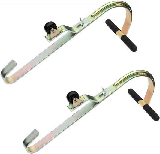 Paquete de 2 ganchos de techo de escalera de acero galvanizado resistente con rueda, agarre de goma en T para prevención de daños, instalación rápida y fácil para acceder a techos empinados
