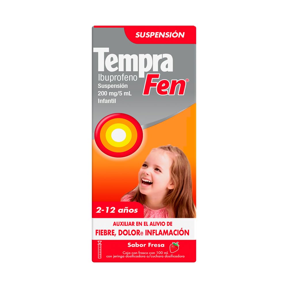 Tempra Fen Suspensión Infantil Fiebre, Dolor e Inflamación Sabor Fresa Ibuprofeno frasco con 100 ml
