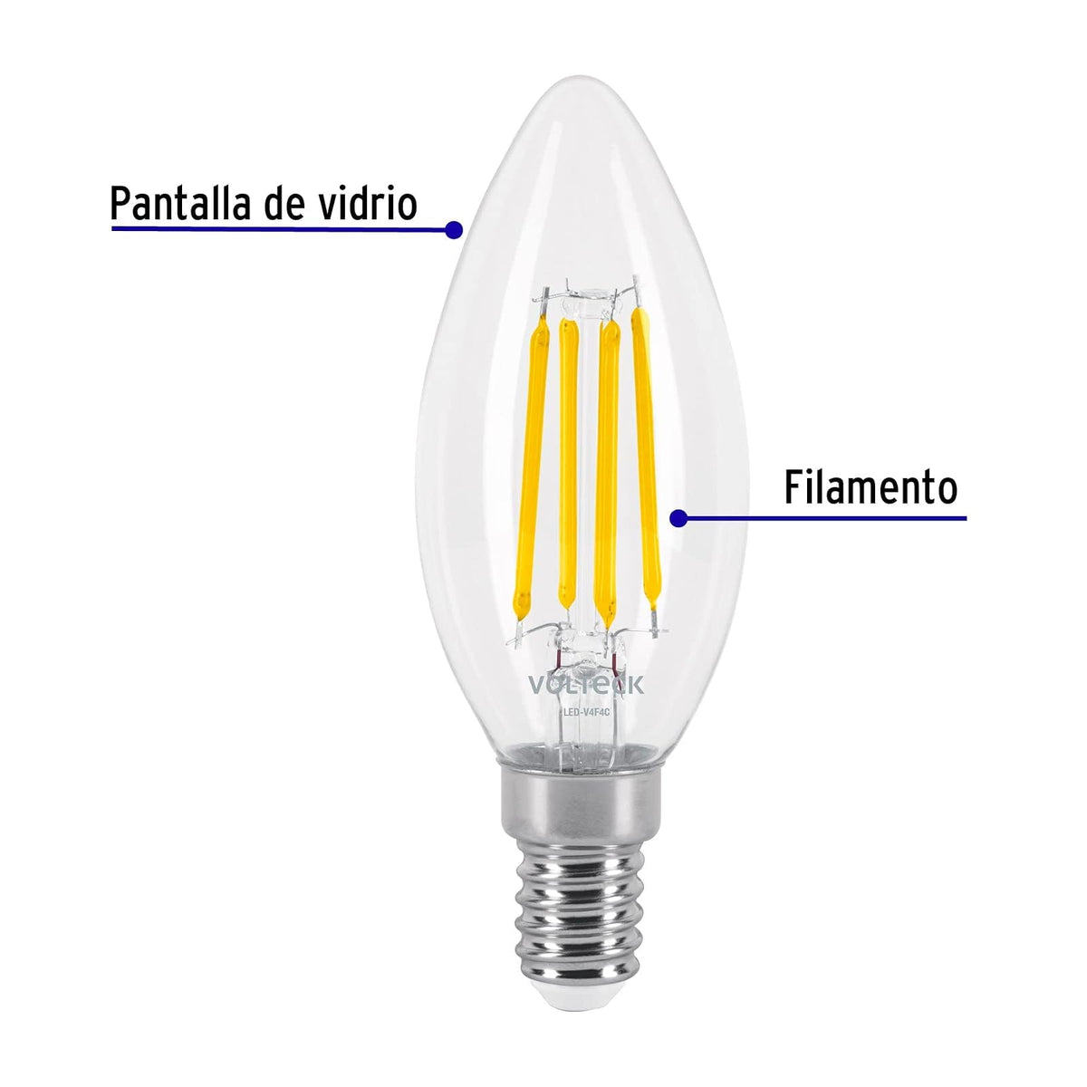 Volteck LED-V4F4C, Lámpara LED tipo vela 4 W con filamento base E14 luz cálida