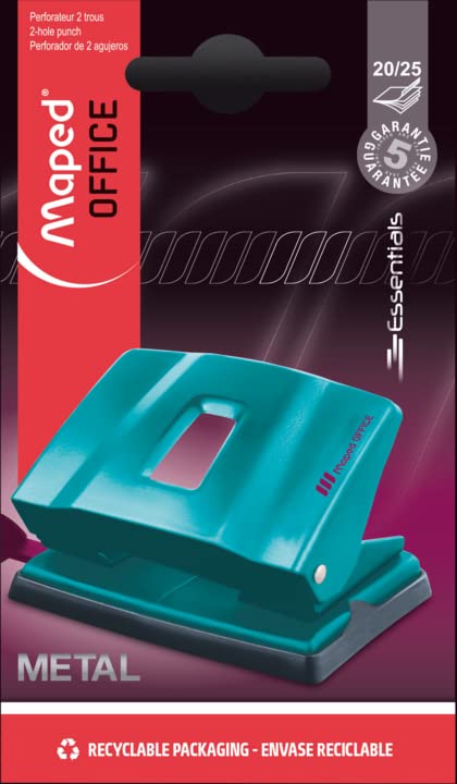 Maped Office Essentials - Perforadora de 2 agujeros para 20 a 25 hojas, mecanismo 100% de metal con tira y reserva de confeti