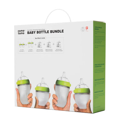 Comotomo Bundle de 4 Biberones de 2 X 150 Ml, 2 X 250 Ml, Anillo Verde, 3 Set de Tetinas Repuesto
