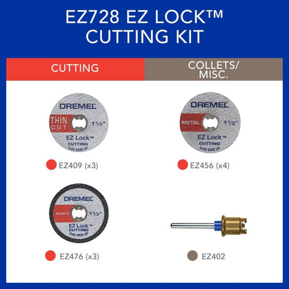 Dremel EZ728-01 EZ Lock - Juego de accesorios de discos de corte para herramientas rotativas de plástico, metal y cortes finos, juego de accesorios surtidos de 11 piezas