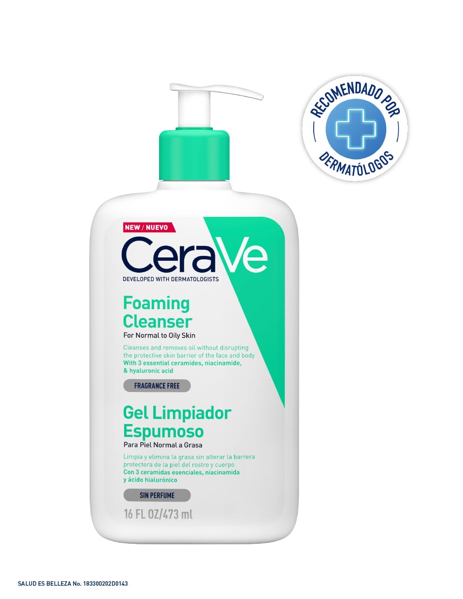 CeraVe Gel Limpiador Espumoso para Piel Normal a Grasa con Ceramidas Esenciales, Niacinamida y Ácido Hialurónico que Protege e Hidrata la Barrera Natural de la Piel, 473ml