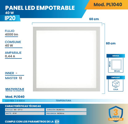 Igoto PL1040 Panel Plafon Lampara LED Empotrable 60x60 40W Luz Fría 6500K, Plafón LED Cuadrado para Techo 4000 lm Multivoltaje 100-277V Lámpara LED para Oficina Escuela y Comercio