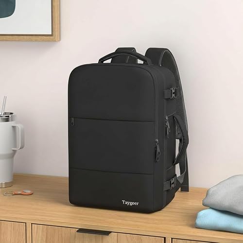 Taygeer Mochila de Viaje 10 kg Avión 40L para Hombre y Mujer, Negra | Laptop 17.3 pulgadas, apertura 180°, bolsa para zapatos, bolsillo impermeable, correa para equipaje, negocios y escapadas