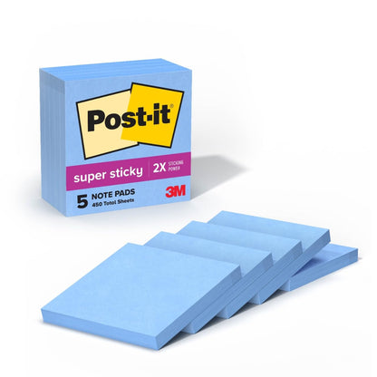 Post-it Super Sticky Notes Notas adhesivas, 7.6 x 7.6 cm, bloc de notas, azul (Mediterranean Blue), 5 Pads