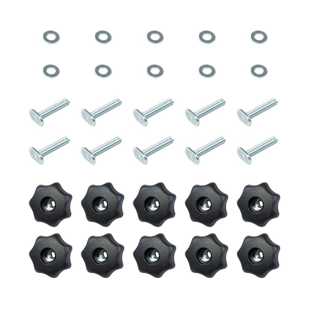 POWERTEC 71481 T - Juego de pomos de riel con perilla de 7 estrellas, pernos y arandelas roscados de 1/4-20, paquete de 10, pernos de riel en T, accesorios de riel en T para plantillas y accesorios de