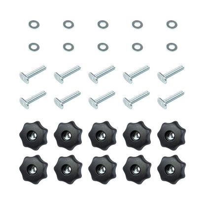POWERTEC 71481 T - Juego de pomos de riel con perilla de 7 estrellas, pernos y arandelas roscados de 1/4-20, paquete de 10, pernos de riel en T, accesorios de riel en T para plantillas y accesorios de