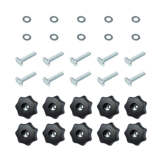 POWERTEC 71481 T - Juego de pomos de riel con perilla de 7 estrellas, pernos y arandelas roscados de 1/4-20, paquete de 10, pernos de riel en T, accesorios de riel en T para plantillas y accesorios de
