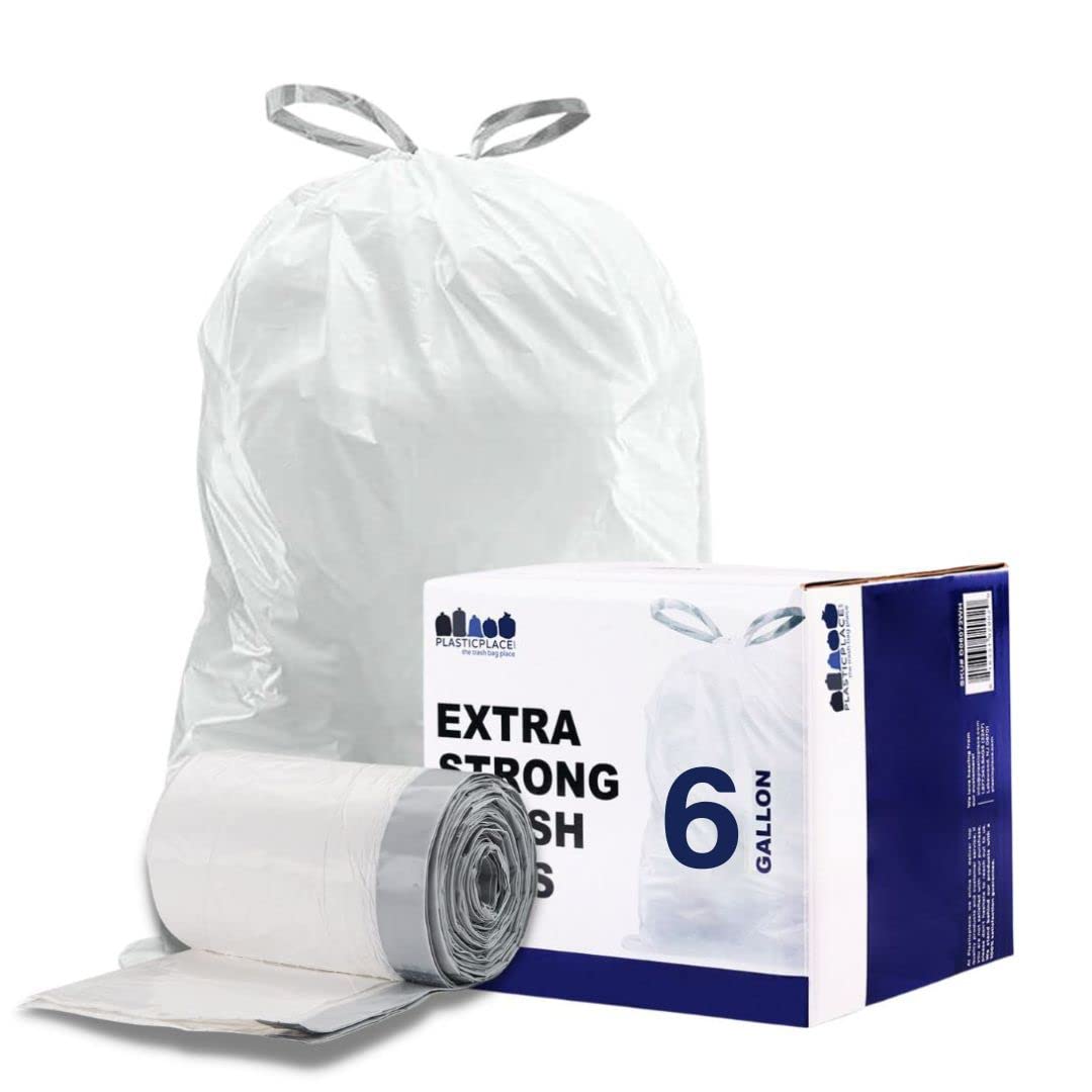Plasticplace Bolsas de basura de 6 galones, 0.7 mil, forros blancos para cubos de basura con cordón, 17 x 20 pulgadas (100 unidades)
