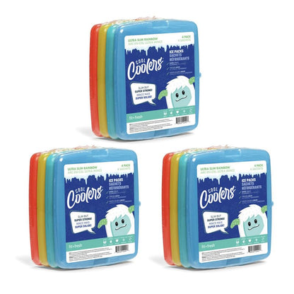 Cool Coolers by Fit & Fresh - Paquete de 4 Paquetes de Hielo Delgados, congelación rápida, Bolsas de Hielo Reutilizables para loncheras o enfriadores, Multicolor, 3 Paquetes de 4