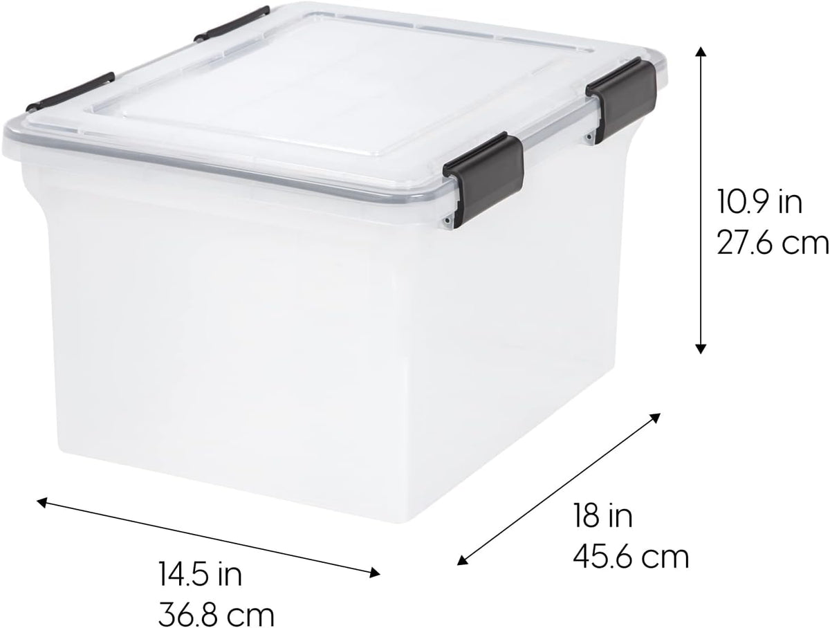 IRIS USA Caja WeatherPro para Archivos Carta/Oficio, 32 Qt, 4 Pzas | Protege documentos importantes con resistencia al agua, broches seguros y diseño apilable para hogar u oficina