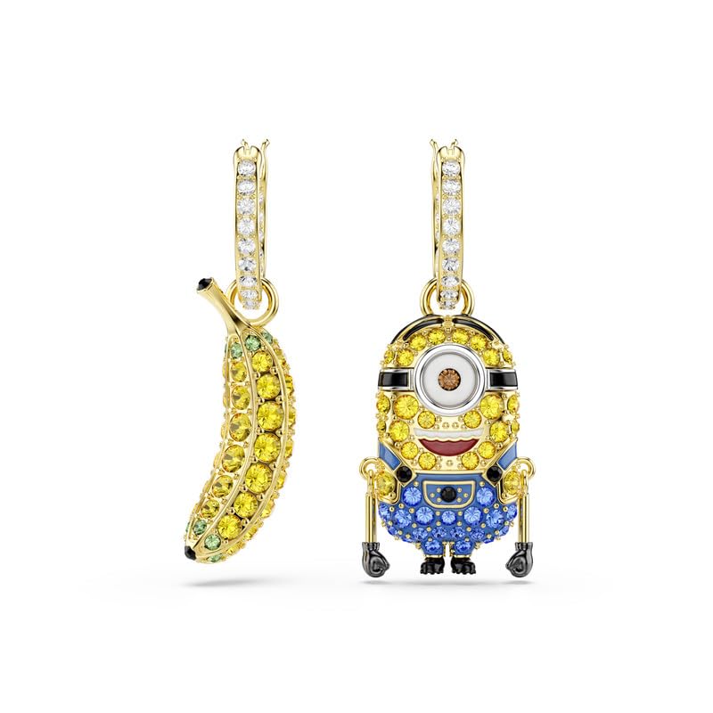 arete de aro Swarovski Minions Stuart and plátano, Pavé, Mini, multicolor, baño dorado