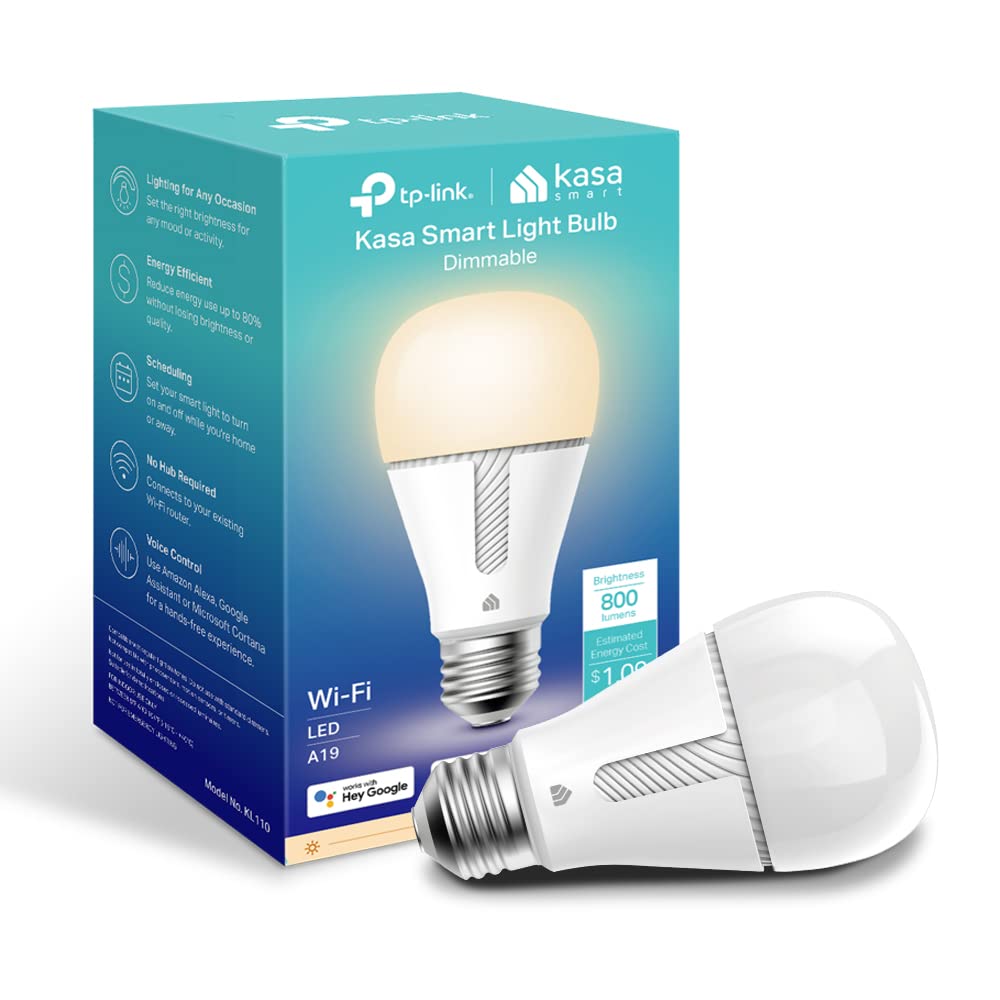 Kasa Smart KL110 - Bombilla LED Smart Wi-Fi Alexa funciona con Alexa y Google Home, A19 regulable, 2,4 GHz, no requiere concentrador, 800 lm, blanco suave (2700 K), 10 W (equivalente a 60 W)
