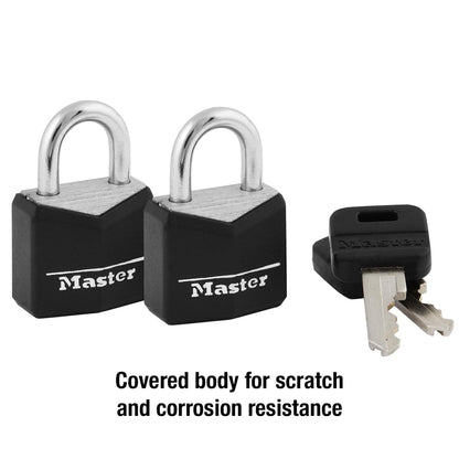 Master Lock 121T Candado de aluminio cubierto, 3/4 pulgadas de ancho, negro, 1 paquete, 2 unidades
