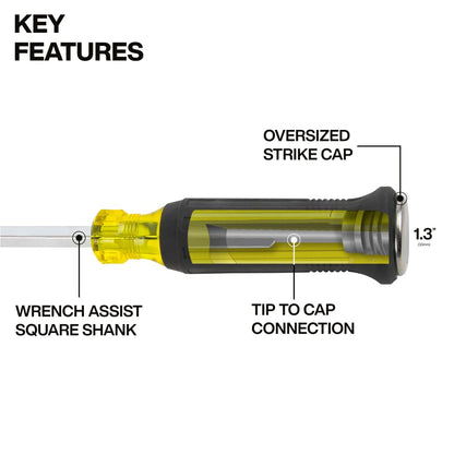Klein Tools 6007DD driver de demolición Keystone de 5/16 pulgadas, hoja de 7 pulgadas, construcción de punta a tapa de acero, mango Cushion-Grip, tapa de golpe de gran tamaño, vástago cuadrado con