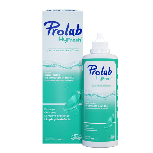 PROLUB HYFRESH Solución Multipropósito 350 ml para Lentes de Contacto Blandos, Limpia, Desinfecta, Enjuaga, Conserva, Remueve Proteínas y Humecta, Incluye Estuche