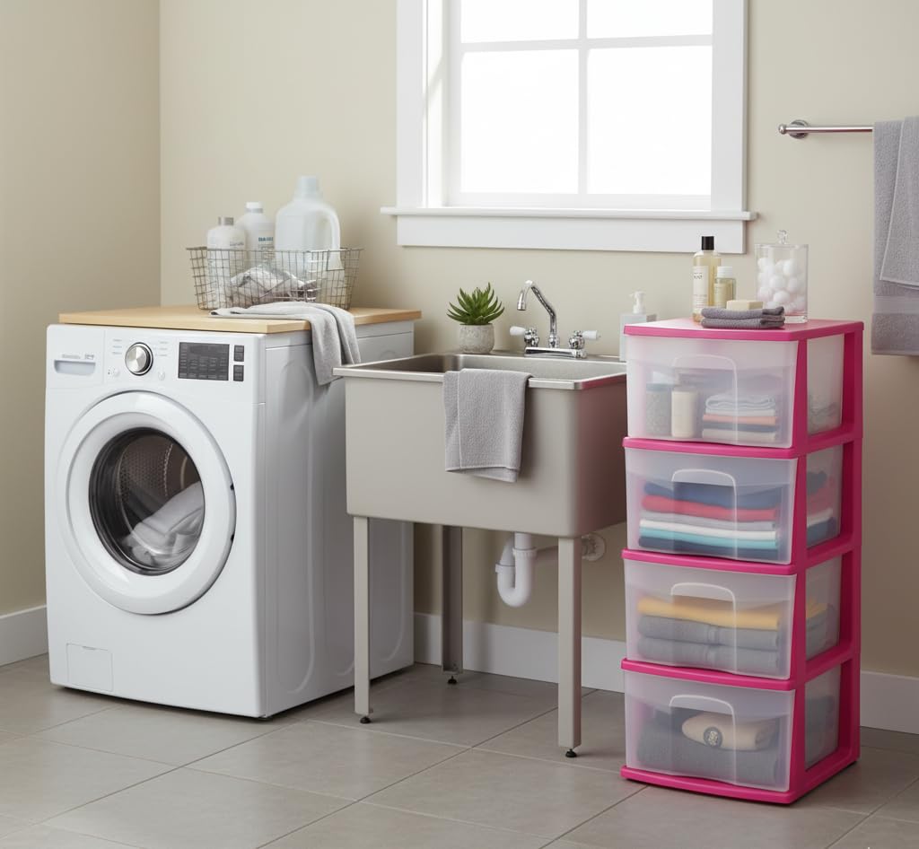 Italhome Cajonera ONYX 4 de Plástico Rosa con 4 Cajones Transparentes, Organizador Multiusos para Recámara, Oficina o Cocina