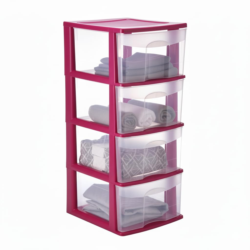 Italhome Cajonera ONYX 4 de Plástico Rosa con 4 Cajones Transparentes, Organizador Multiusos para Recámara, Oficina o Cocina