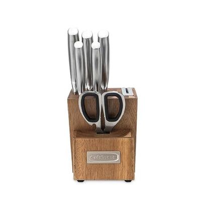 Cuisinart Bloque de madera Cuchillos 7 pzs Acero Inoxidable Afilador | Bloque de cuchillos 7 pzs con bloque con afilador incorporado y tijeras,Cuchillos con acabado satinado y mate