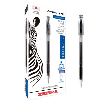 Zebra J-Roller RX Bolígrafo Rollerball Tinta Gel 0.5 mm, Caja 6 Piezas - Negro