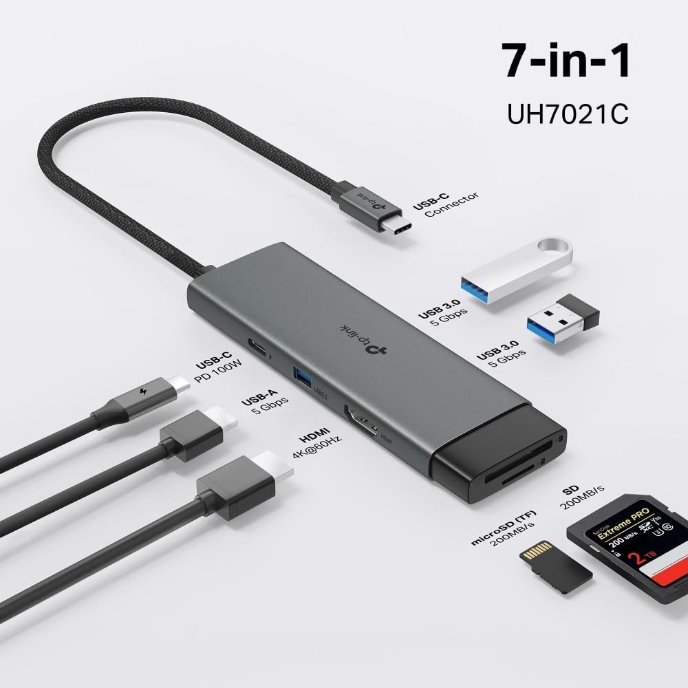 TP-Link UH7021C USB C Hub PD100W, 4K 60Hz HDMI, 1×USB C, 2×USB A, SD y microSD hasta 200MB/s, Plug and Play, Compatible con MacOS, Windows, Linux, iPad OS, iOS, Android