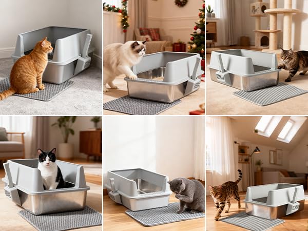 Paquete de 2 Cajas de Arena para Gatos de Acero Inoxidable con Tapas y tapetes: Juego de Caja de Arena de Metal Extragrande, de Alta Cara, fácil de Limpiar, Antiadherente, sin Olor y Resistente al