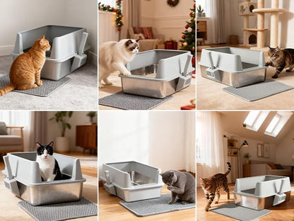 Paquete de 2 Cajas de Arena para Gatos de Acero Inoxidable con Tapas y tapetes: Juego de Caja de Arena de Metal Extragrande, de Alta Cara, fácil de Limpiar, Antiadherente, sin Olor y Resistente al