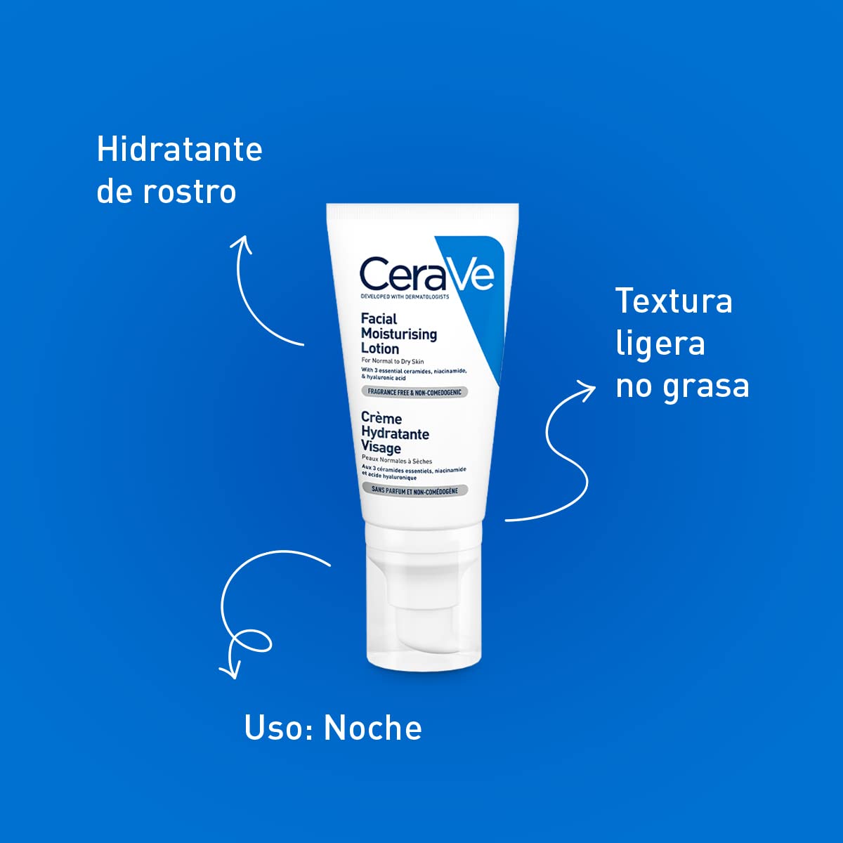 CeraVe Loción Facial PM, Crema Reparadora de Noche con Textura Ultraligera, Fórmula con Ácido Hialurónico y Niacinamida que Restaura la Barrera Cutánea, Piel Normal a Seca, 52 ml.