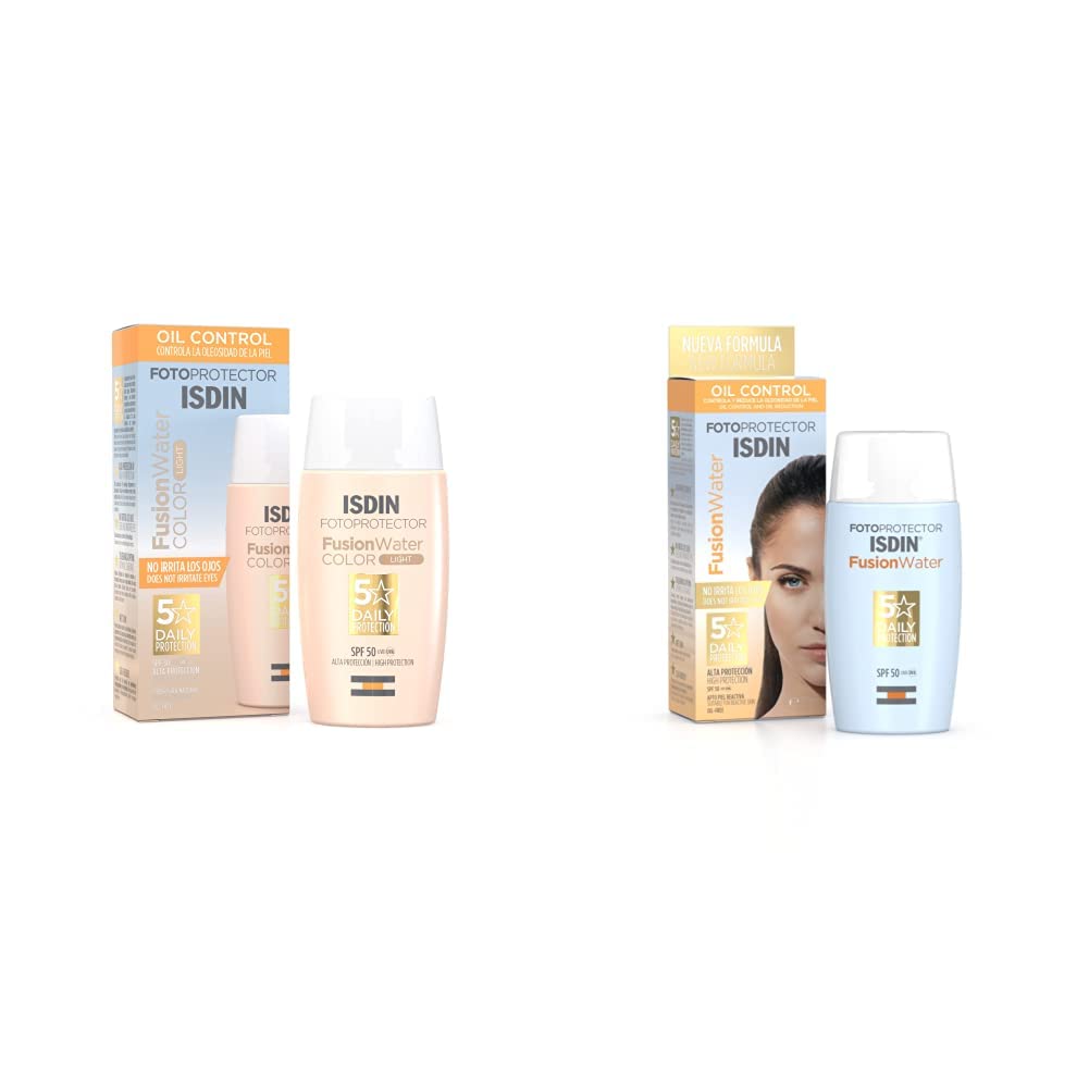 ISDIN Fotoprotector Fusion Water Color Light SPF 50 + Fotoprotector Fusion Water SPF 50, Protector Solar Facial de fase acuosa para uso diario,50 ml