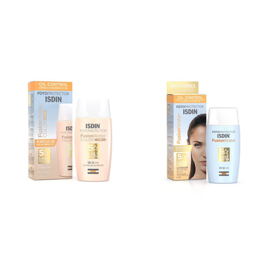 ISDIN Fotoprotector Fusion Water Color Light SPF 50 + Fotoprotector Fusion Water SPF 50, Protector Solar Facial de fase acuosa para uso diario,50 ml