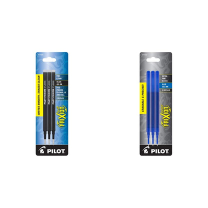 Pilot Frixion – Bolígrafo de tinta de gel, Negro, Paquete con 3 unidades (Fine Point) + FriXion - Recambio para bolígrafo de tinta de gel, 3 unidades, Azul, Repuesto de tinta (empaque de 3)