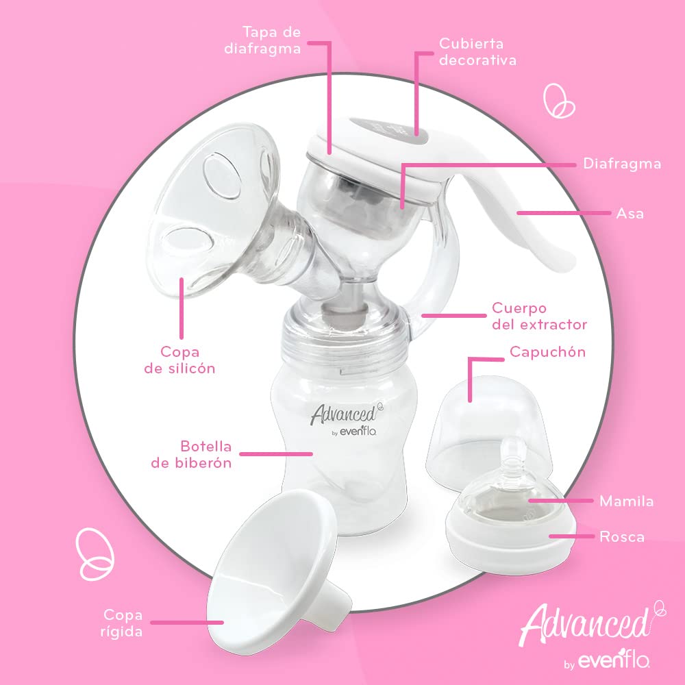 Evenflo Advanced Extractor de Leche Manual, Diseño Ergonómico con Almohadillas de Masaje, Compatible con Biberones Evenflo, Libre de BPA, 1 Pieza