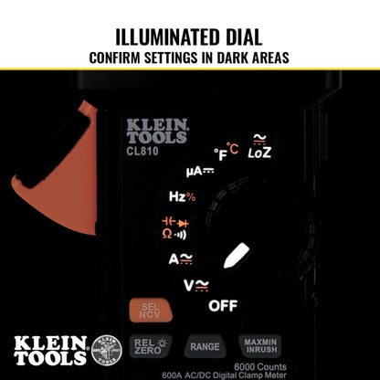 Klein Tools CL810 Pinza digital con linterna y esfera iluminada, rango automático de 600 A CA/CC, True RMS, NCVT, mide corriente, LOZ, temperatura