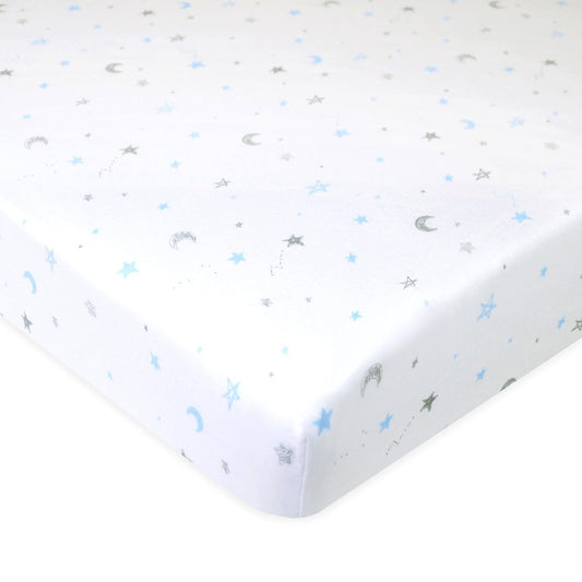 American Baby Company - Sábana Bajera Ajustable Estampada, 100% algodón Natural, Punto Jersey, para Cuna de Viaje/corralito, Estrellas y Lunas Azules, Suave, Transpirable, niños/niñas