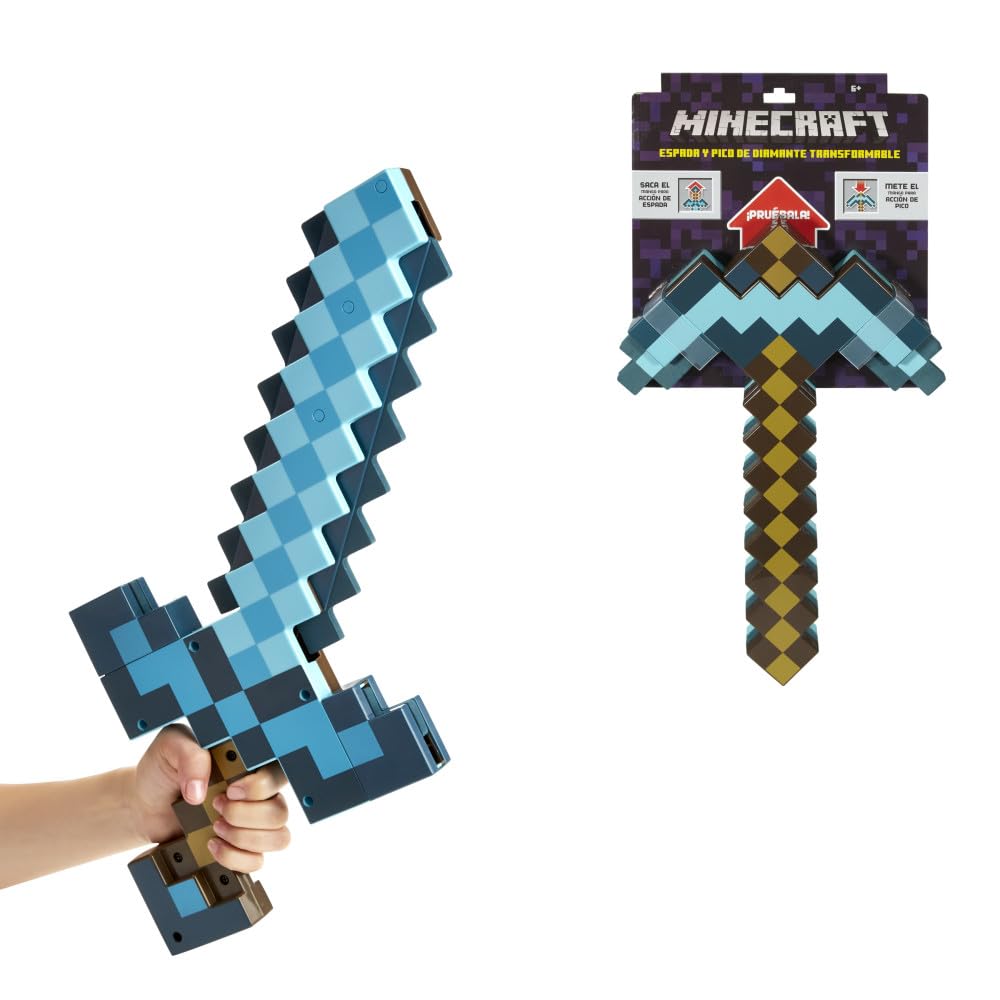 Minecraft Vanilla Juguete Espada-Pico Transformable 2 en 1 Diseño Pixelado Diamante Herramienta de rol Aventuras y Disfraces para niños de 6 años en adelante