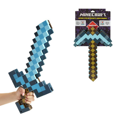 Minecraft Vanilla Juguete Espada-Pico Transformable 2 en 1 Diseño Pixelado Diamante Herramienta de rol Aventuras y Disfraces para niños de 6 años en adelante