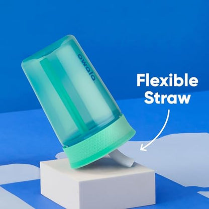 Owala - Vaso de plástico sin BPA para niños con popote flexible resistente a derrames, fácil de limpiar, botella de agua para niños, ideal para viajes, apto para lavaplatos, 15 onzas, verde azulado y