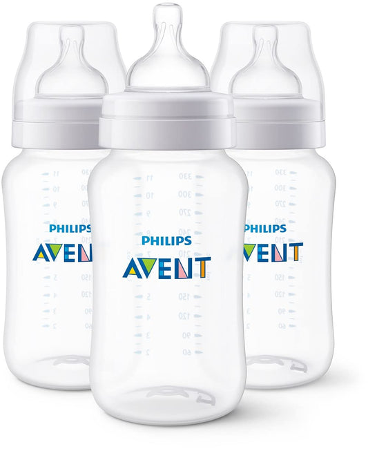 Philips Avent Biberón Anti-colic Clínicamente Comprobado 11 oz Traslúcido | Menos aire durante la alimentación | Ayuda a reducir cólicos y malestares | Flujo 3 - Medio | 3 pz | SCY106/03